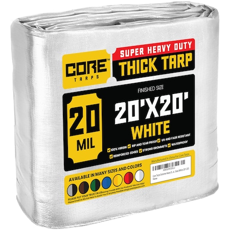 Core Tarps Heavy Duty Tarp, 20 ft L x 0.5 mm H x 20 ft W, 20 Mil, White, Polyethylene CT-704-20X20